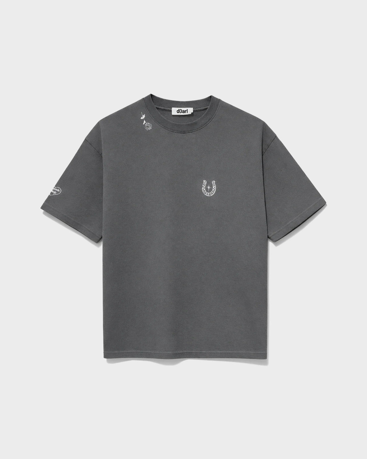 dDARL Tatt Tee in Grey, front flat lay with horseshoe graphic