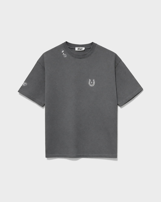 dDARL Tatt Tee in Grey, front flat lay with horseshoe graphic