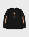 dDARL Tour LS Tee in Black, front flat lay with flame sleeves
