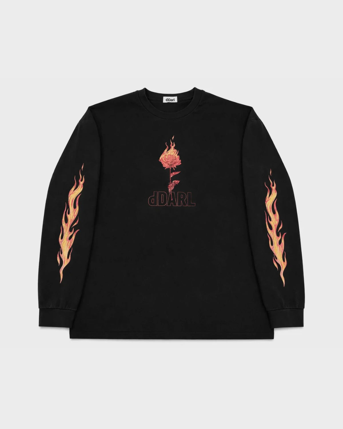dDARL Tour LS Tee in Black, front flat lay with flame sleeves