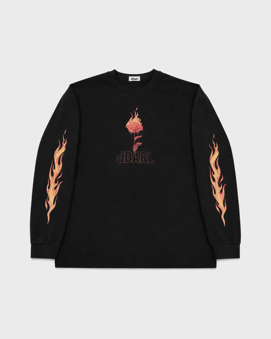 dDARL Tour LS Tee in Black, front flat lay with flame sleeves