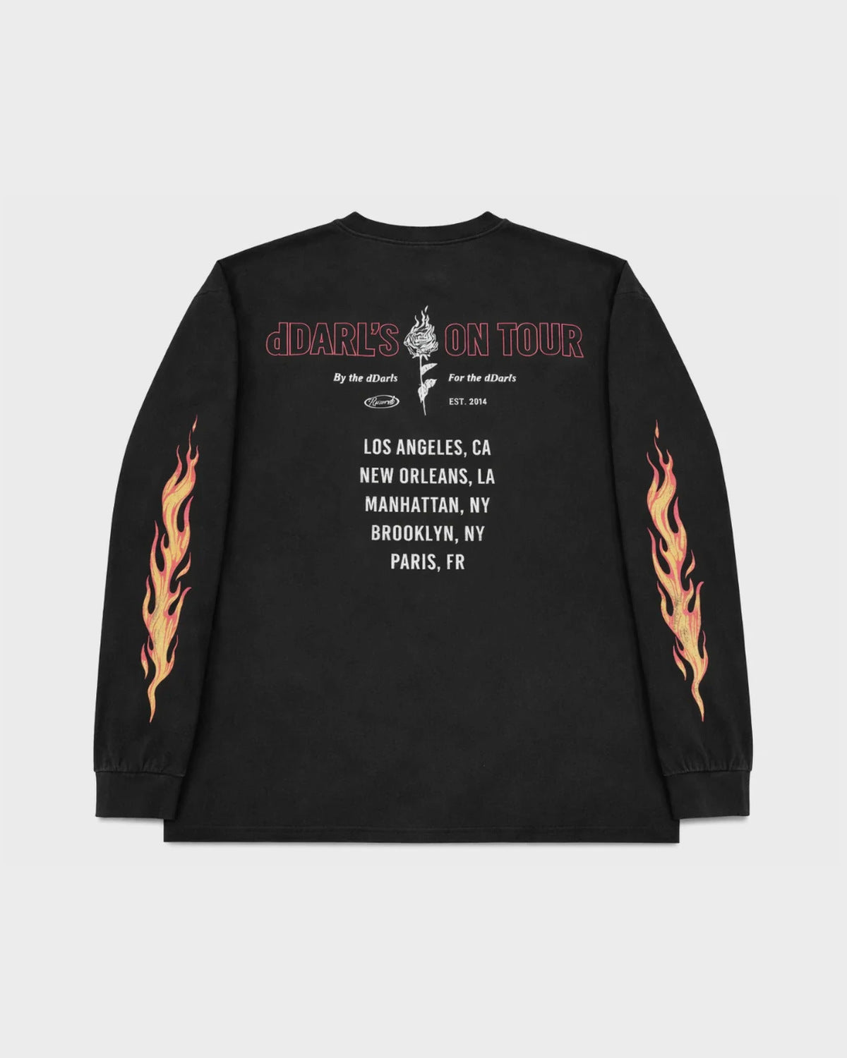 dDARL Tour LS Tee in Black, back flat lay with tour dates
