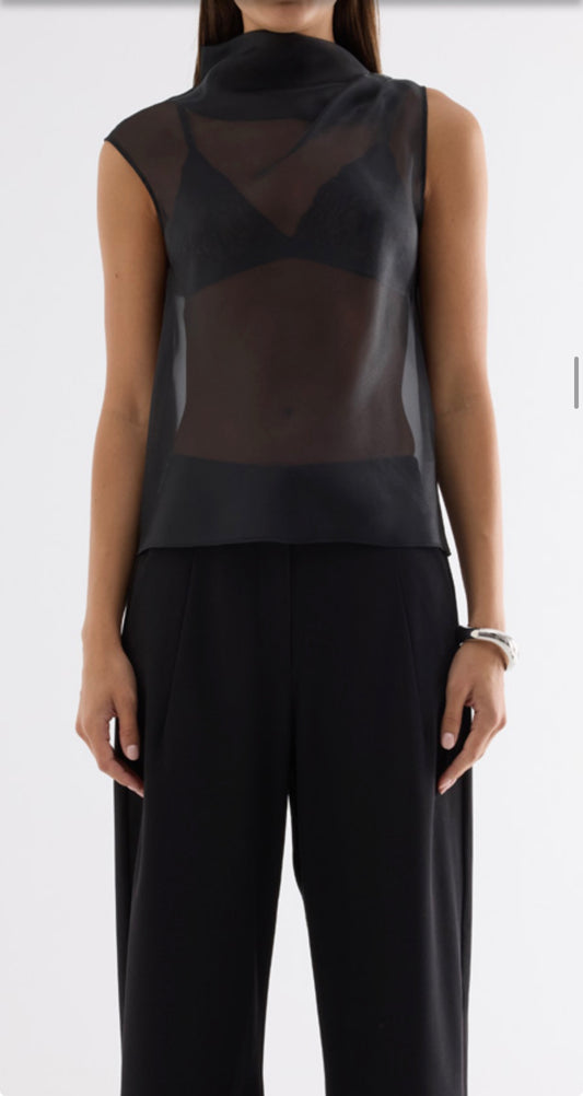 Elka Collective Hopkins Top in Black, front view on model with coordinating camisole.