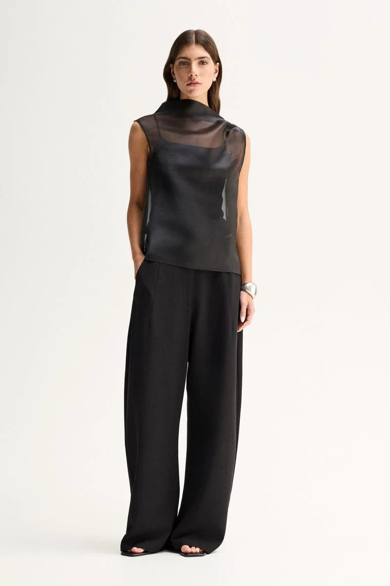 A model wears the sheer black sleeveless top in a full-length front studio view.