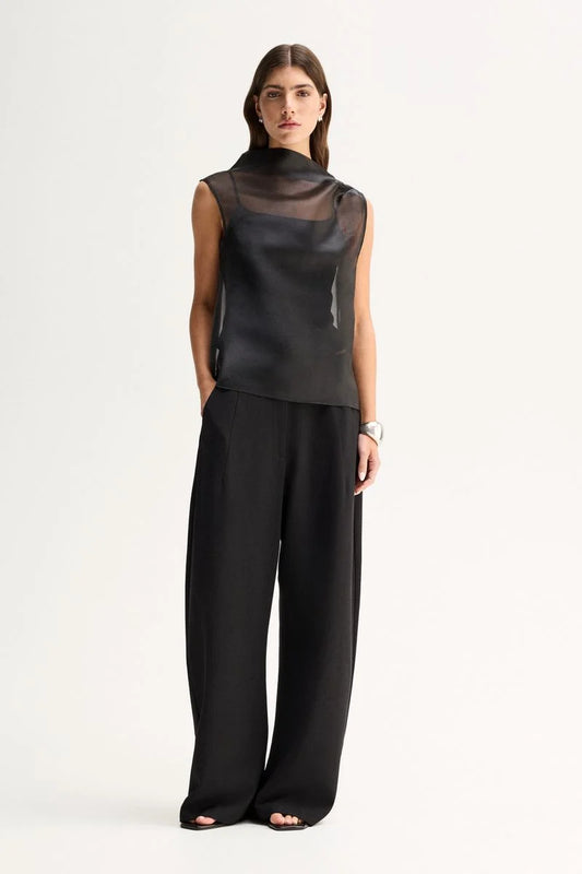 A model wears the sheer black sleeveless top in a full-length front studio view.