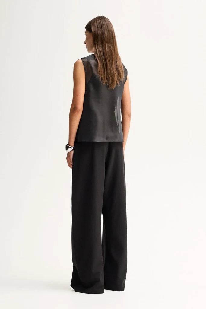 A model wears the sheer black sleeveless top in a back studio view with wide-leg trousers.
