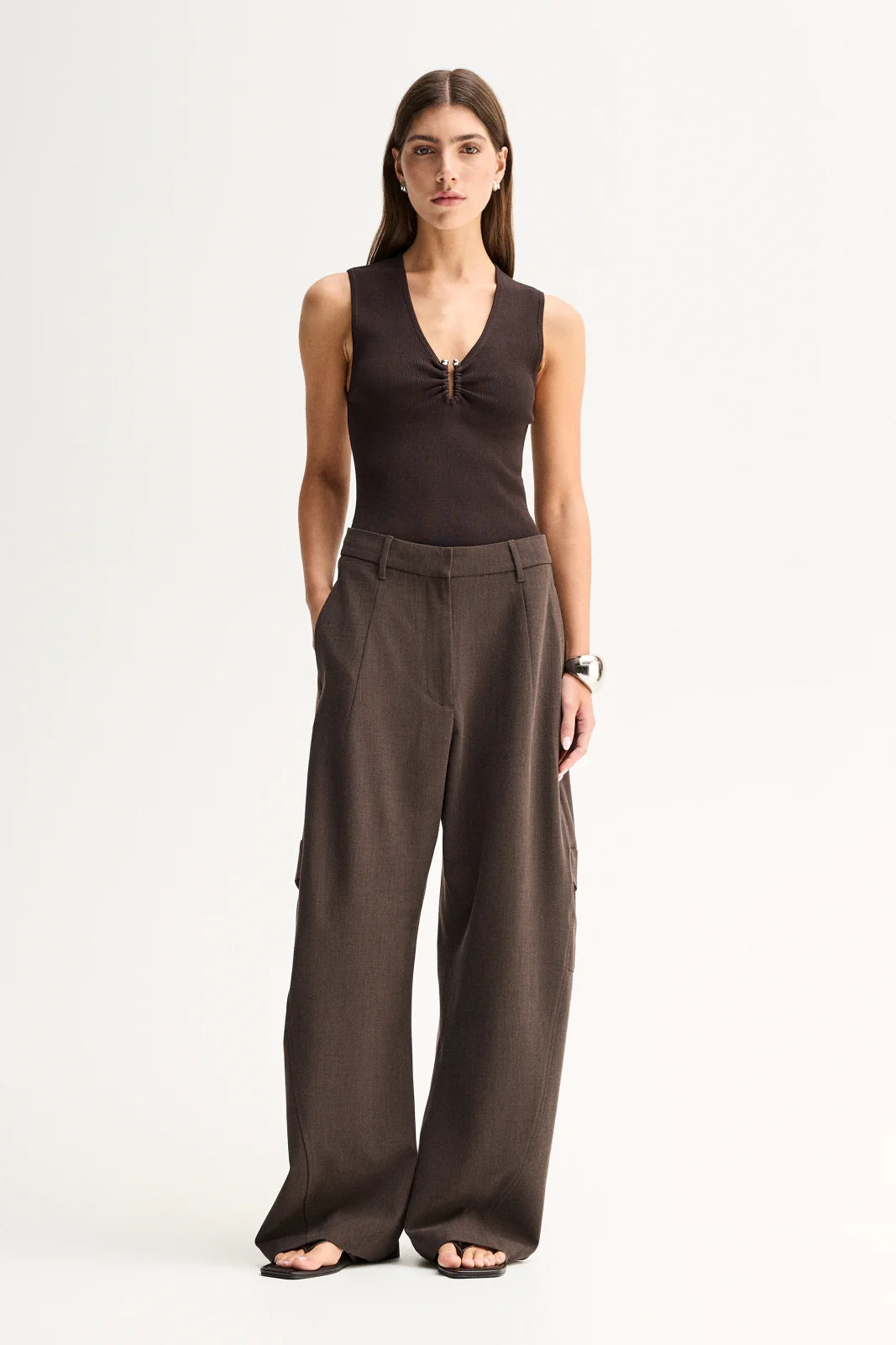 Elka Collective Lindsay Knit Top in Chocolate, full-length front view on model.

