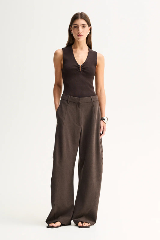 Elka Collective Lindsay Knit Top in Chocolate, full-length front view on model.
