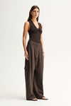 Elka Collective Lindsay Knit Top in Chocolate, full-length angled front view on model.
