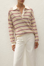 Close front view highlighting the striped knit pattern, contrasting cream collar, button placket and relaxed dropped shoulders.