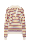 Striped oversized polo shown on its own with a cream collar, button-front placket, long sleeves and ribbed trims.
