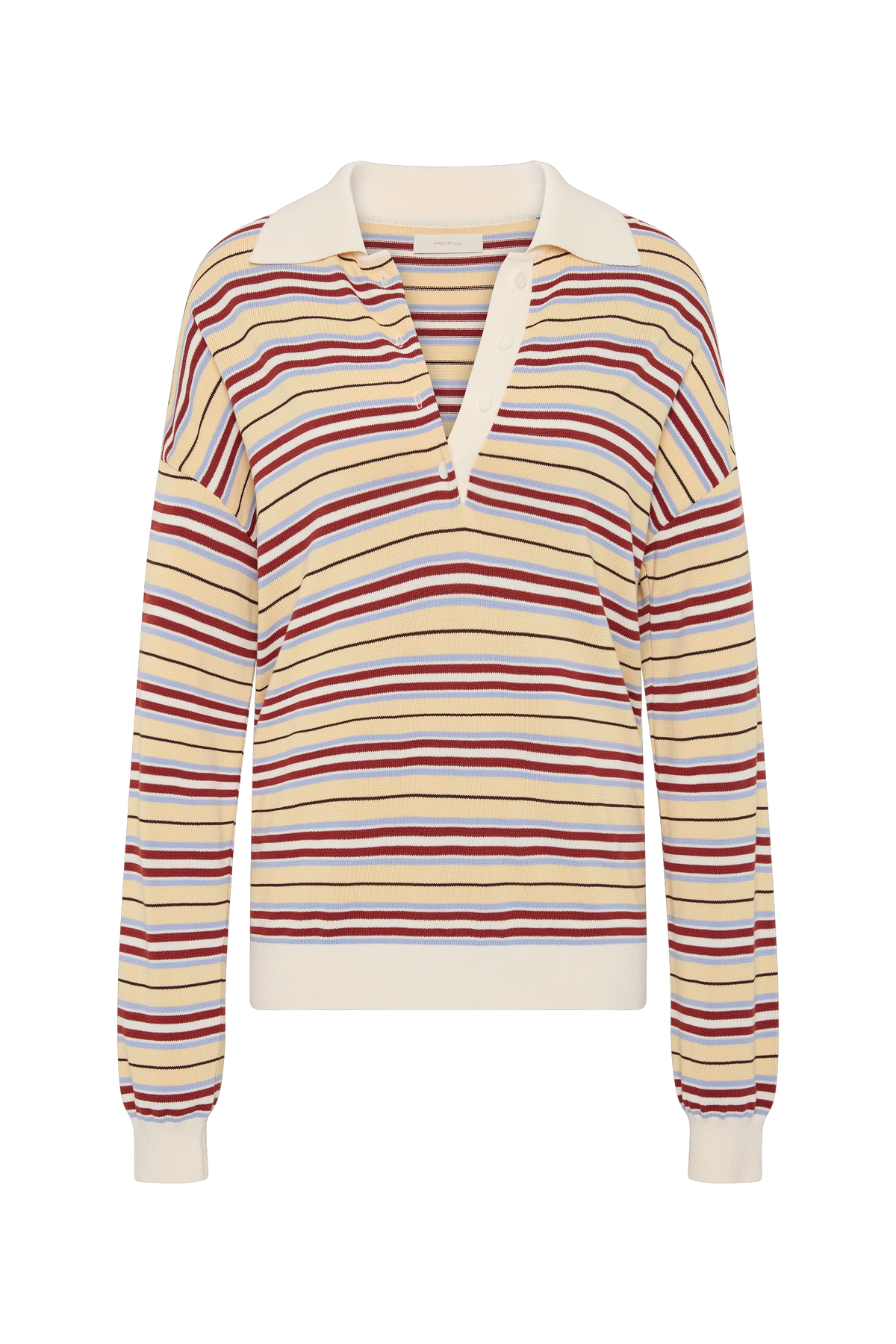 Striped oversized polo shown on its own with a cream collar, button-front placket, long sleeves and ribbed trims.