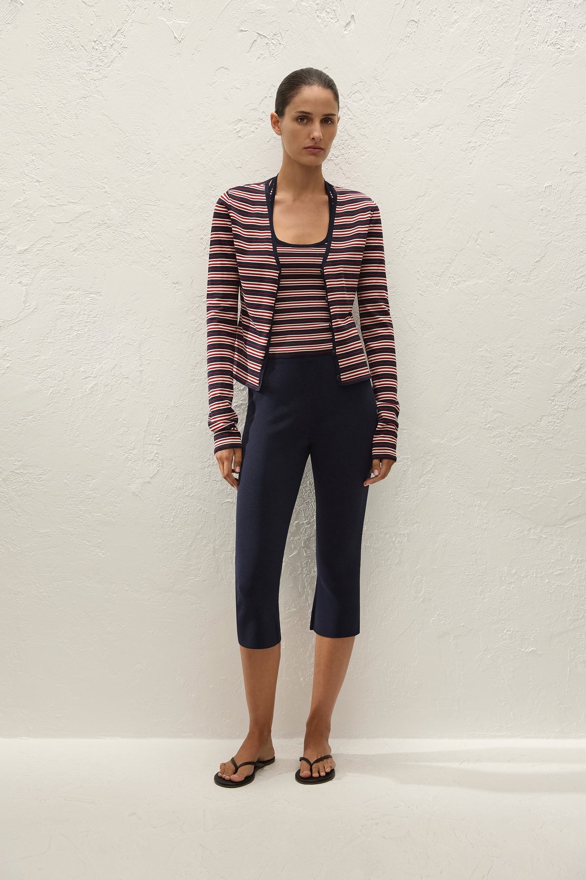 Faithfull The Brand Doris Cardigan in Cila Stripe Navy, open front view on model.