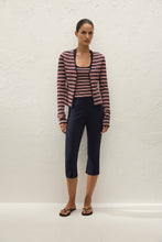 Faithfull The Brand Doris Cardigan in Cila Stripe Navy, open front view on model.