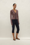 Faithfull The Brand Doris Cardigan in Cila Stripe Navy, buttoned front view on model.