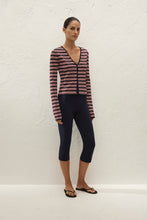 Faithfull The Brand Doris Cardigan in Cila Stripe Navy, buttoned front view on model.
