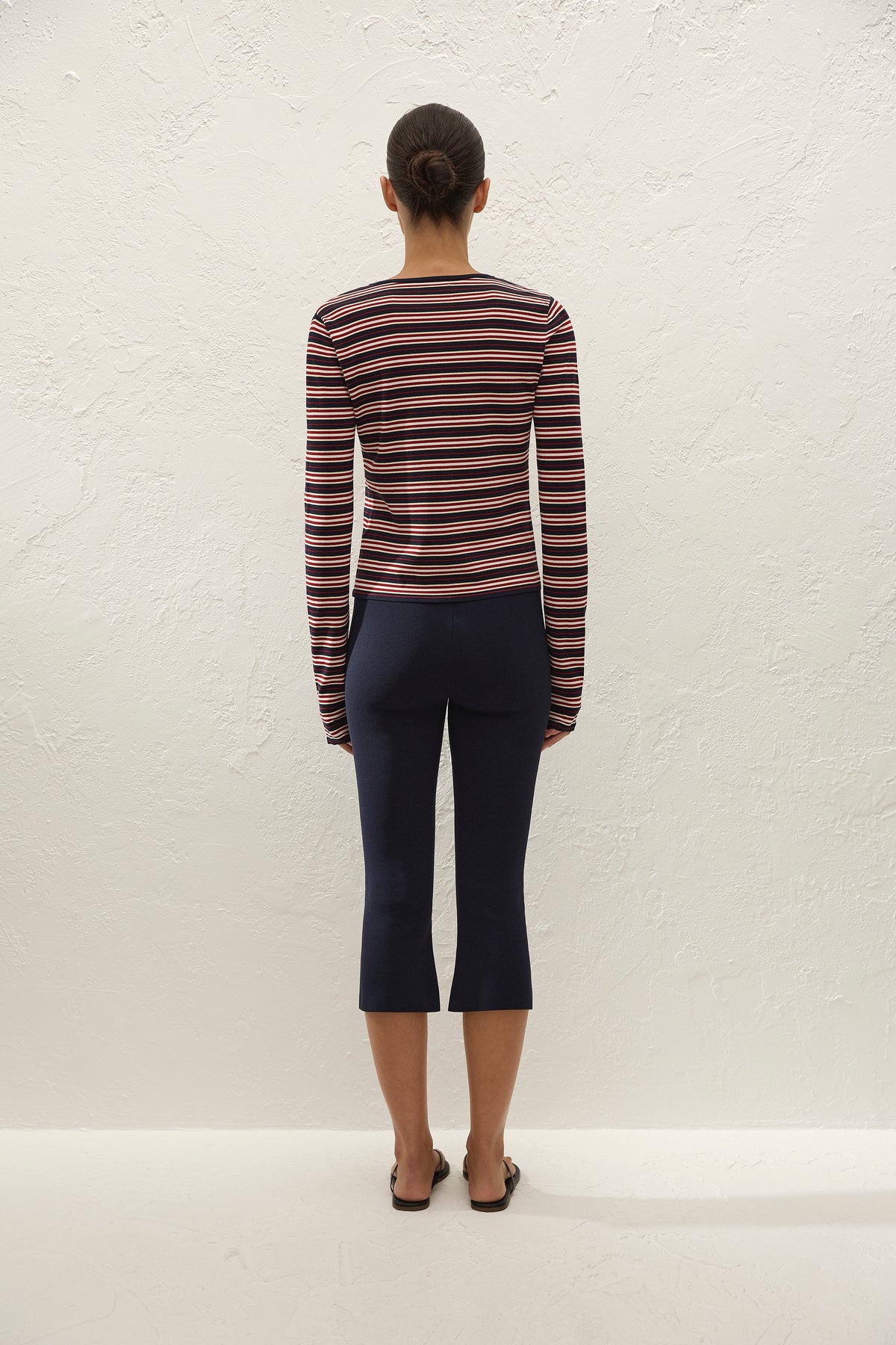 Faithfull The Brand Doris Cardigan in Cila Stripe Navy, back view on model