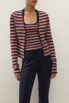 Faithfull The Brand Doris Cardigan in Cila Stripe Navy, close-up layered styling on model.