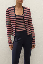 Faithfull The Brand Doris Cardigan in Cila Stripe Navy, close-up layered styling on model.