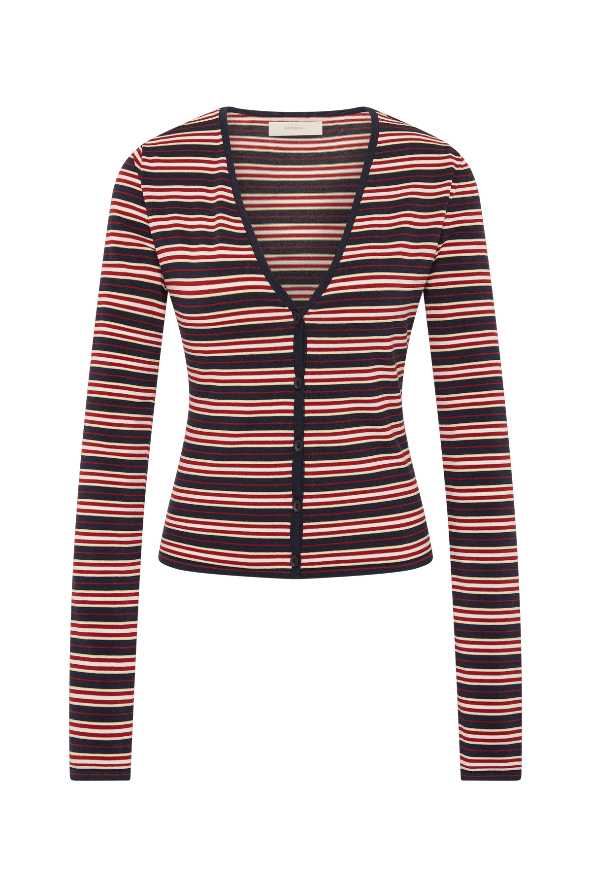 Faithfull The Brand Doris Cardigan in Cila Stripe Navy, front product view.