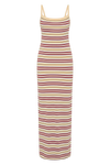 Striped maxi dress shown on its own with slim straps, scoop neckline and softly fitted floor-length silhouette.