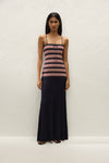 Faithfull The Brand Doris Maxi Dress in Cila Stripe Navy, front view on model.