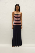 Faithfull The Brand Doris Maxi Dress in Cila Stripe Navy, front view on model.