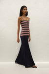 Faithfull The Brand Doris Maxi Dress in Cila Stripe Navy, angled side view on model.