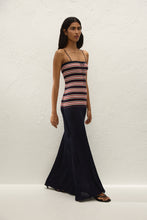 Faithfull The Brand Doris Maxi Dress in Cila Stripe Navy, angled side view on model.