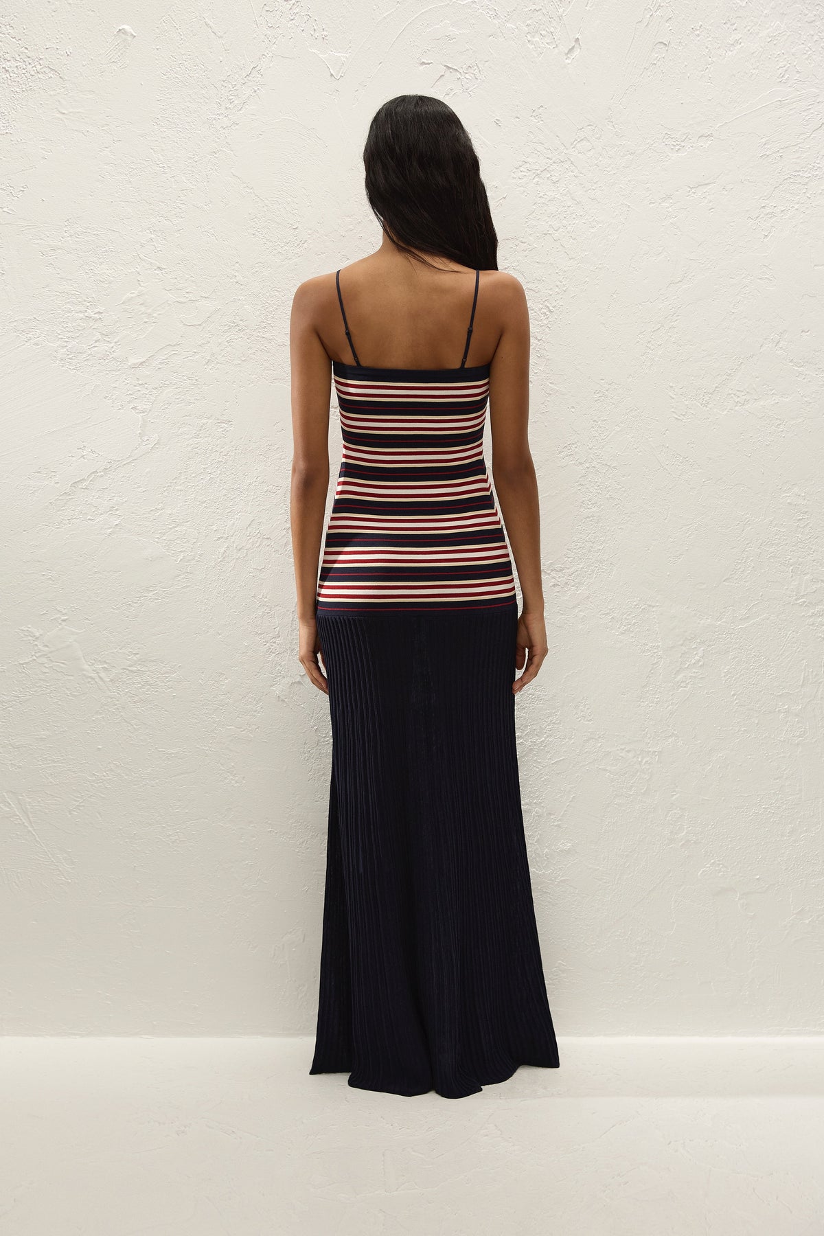 Faithfull The Brand Doris Maxi Dress in Cila Stripe Navy, back view on model.