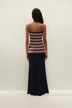 Faithfull The Brand Doris Maxi Dress in Cila Stripe Navy, back view on model.