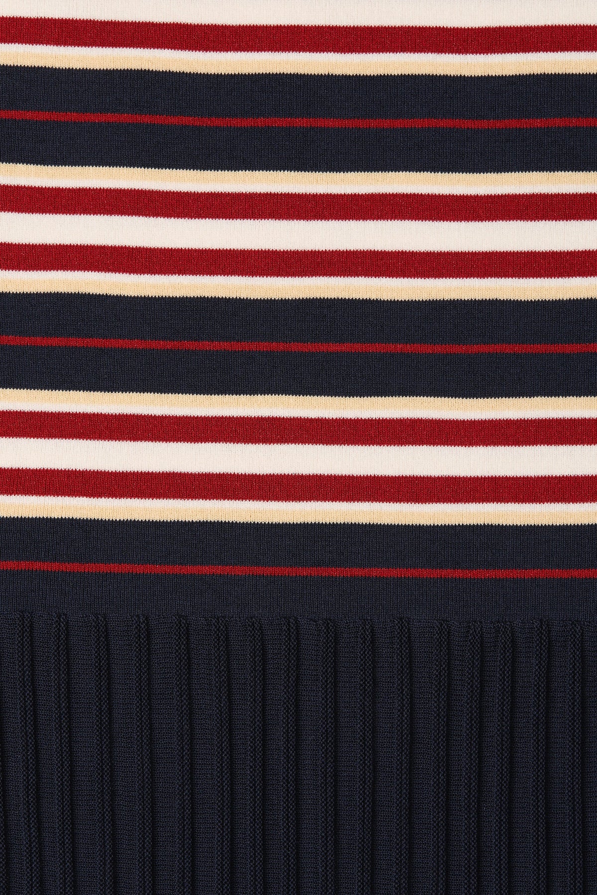 Faithfull The Brand Doris Maxi Dress in Cila Stripe Navy, striped knit and pleated fabric detail.