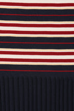 Faithfull The Brand Doris Maxi Dress in Cila Stripe Navy, striped knit and pleated fabric detail.