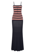 Faithfull The Brand Doris Maxi Dress in Cila Stripe Navy, front product view.