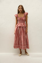 Faithfull The Brand Janne Top in Ines Check Terra Rosso, front styling view on model.