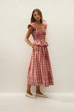 Faithfull The Brand Janne Top in Ines Check Terra Rosso, side styling view on model.