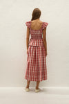 Faithfull The Brand Janne Top in Ines Check Terra Rosso, back styling view on model.