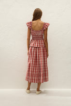 Faithfull The Brand Janne Top in Ines Check Terra Rosso, back styling view on model.