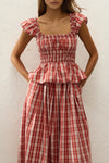 Faithfull The Brand Janne Top in Ines Check Terra Rosso, close-up front styling view