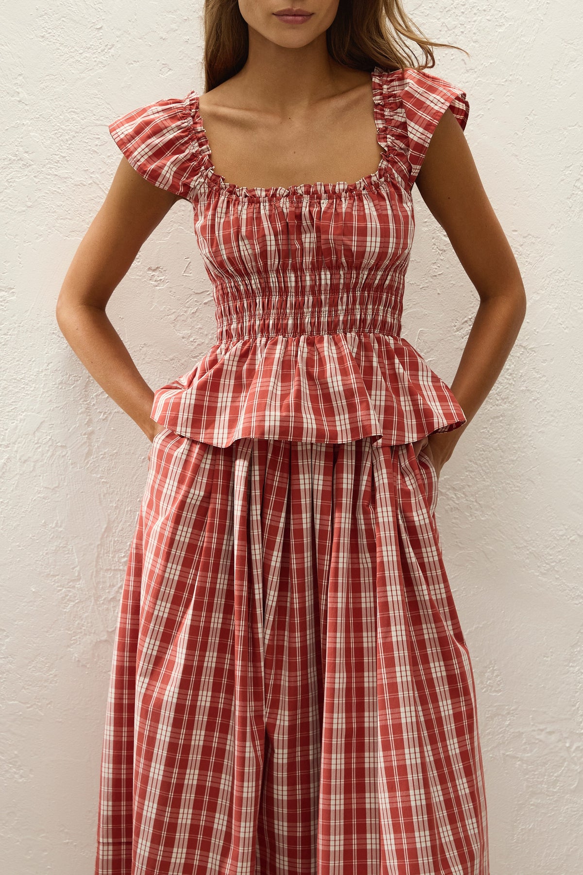 Faithfull The Brand Janne Top in Ines Check Terra Rosso, close-up front styling view