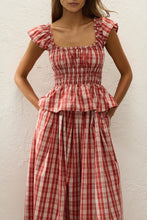 Faithfull The Brand Janne Top in Ines Check Terra Rosso, close-up front styling view