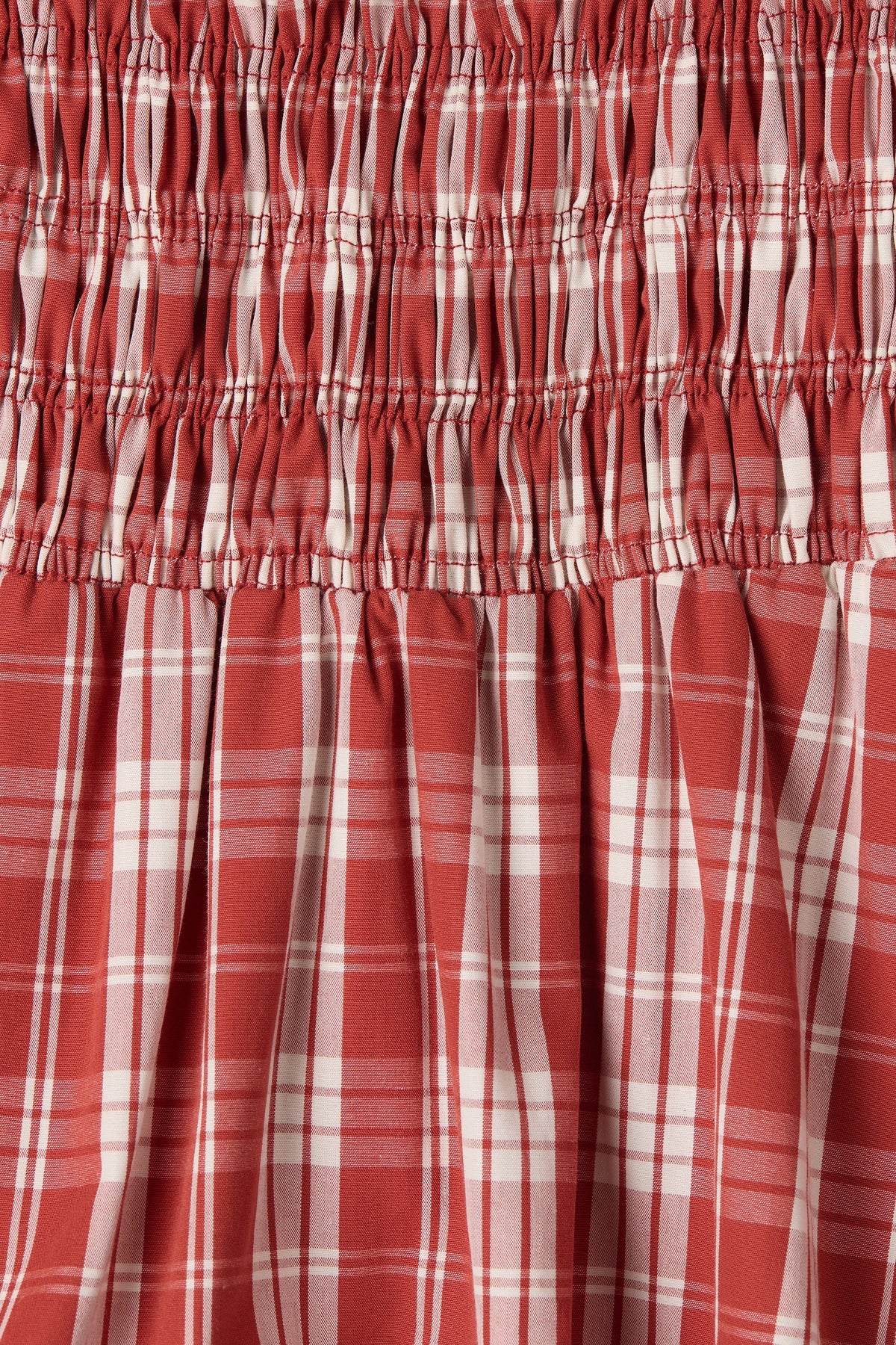 Faithfull The Brand Janne Top in Ines Check Terra Rosso, shirred bodice and check fabric detail.