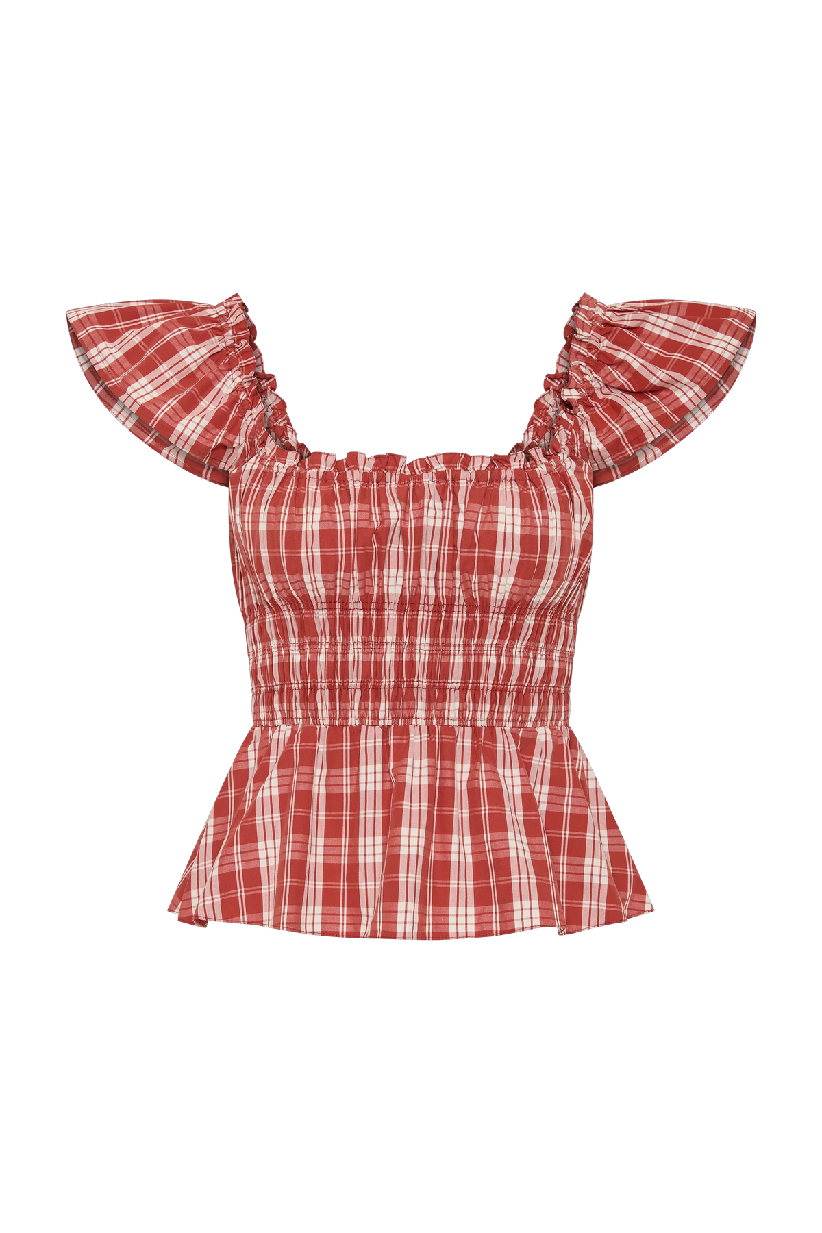 Faithfull The Brand Janne Top in Ines Check Terra Rosso, front product view.