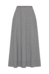 A black and white gingham midi skirt is displayed alone, showing its high waist and flared hem.
