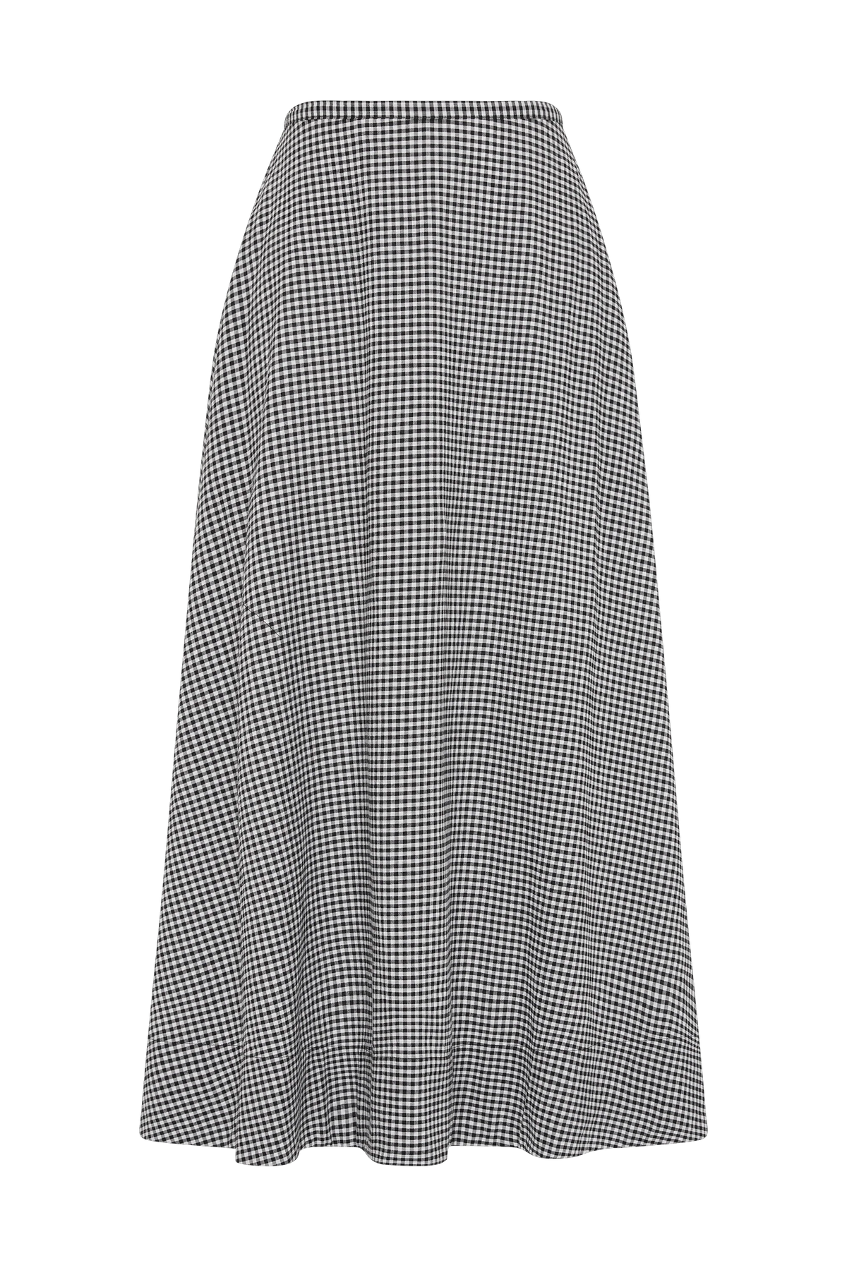 A black and white gingham midi skirt is displayed alone, showing its high waist and flared hem.