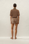 Back view showing the relaxed fit, short sleeves and continuous zigzag stripe pattern across the knit.