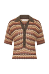 Striped crochet-feel polo shown on its own with a contrasting collar, button-front placket and short sleeves.