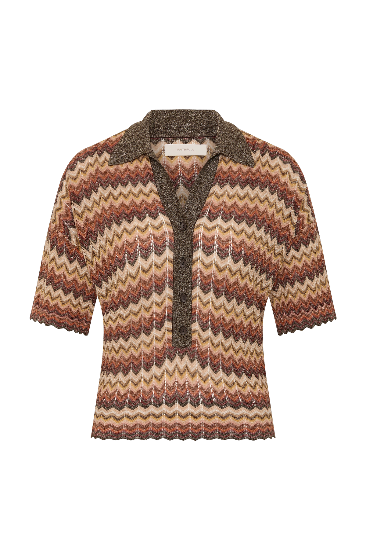 Striped crochet-feel polo shown on its own with a contrasting collar, button-front placket and short sleeves.