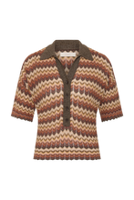 Striped crochet-feel polo shown on its own with a contrasting collar, button-front placket and short sleeves.