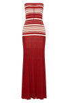 A red and cream striped strapless maxi dress is displayed alone, showing the fitted bodice and long flared skirt.